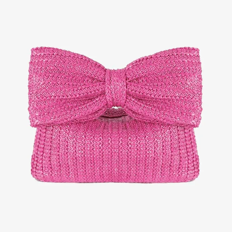 Bowknot Straw Woven Clutch for Women Beach Party Handbag Purse