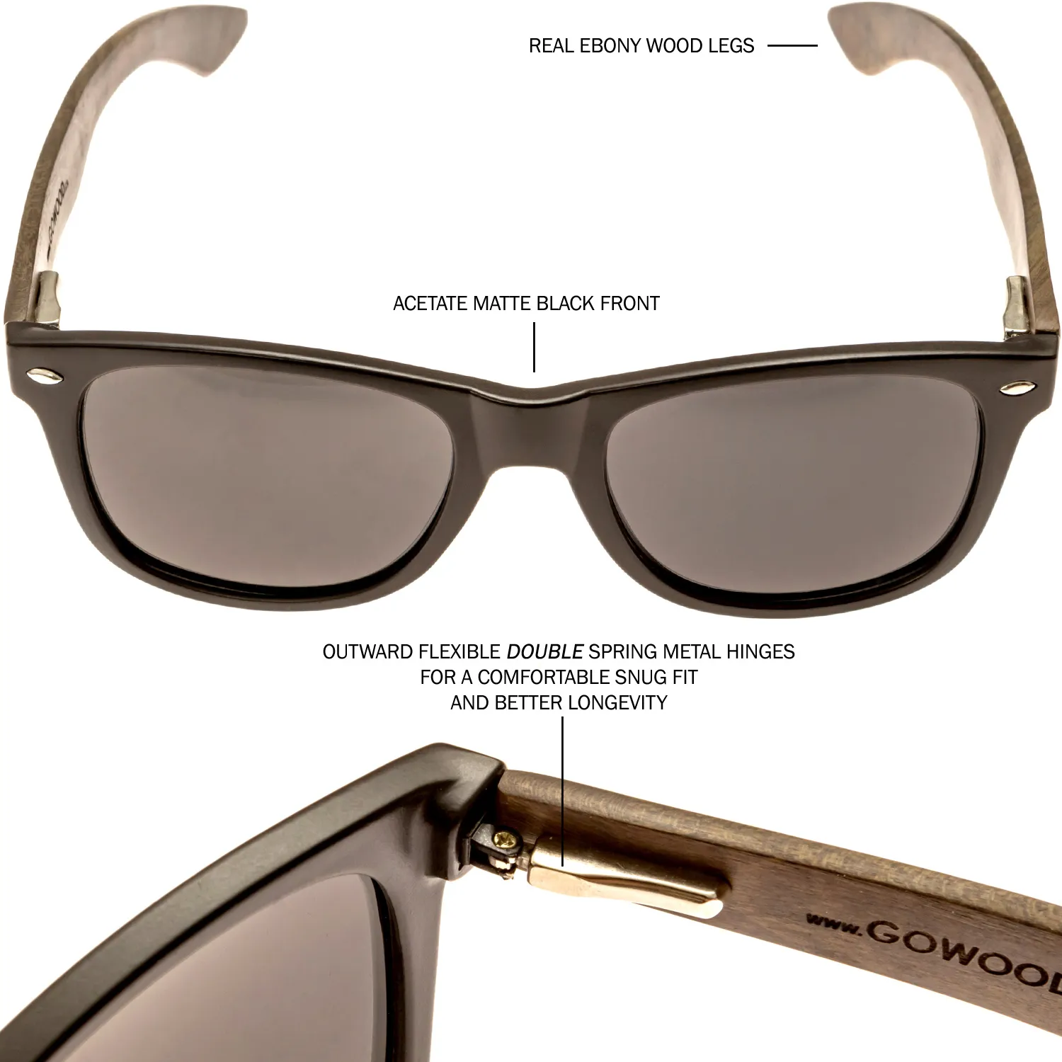 Ebony wood classic style sunglasses with black polarized lenses with 100% money back guarantee