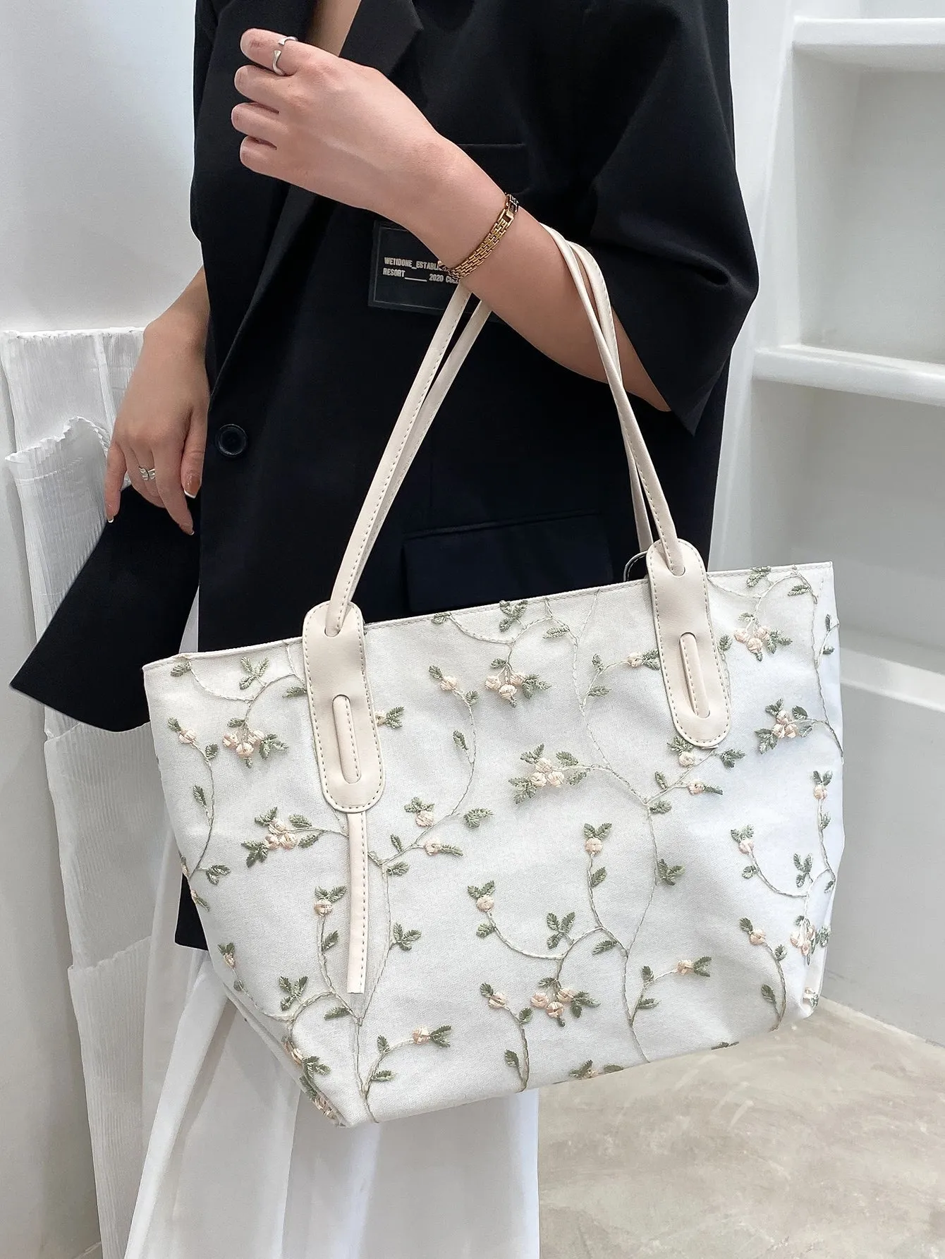 Floral Embroidery Shoulder Tote Bag