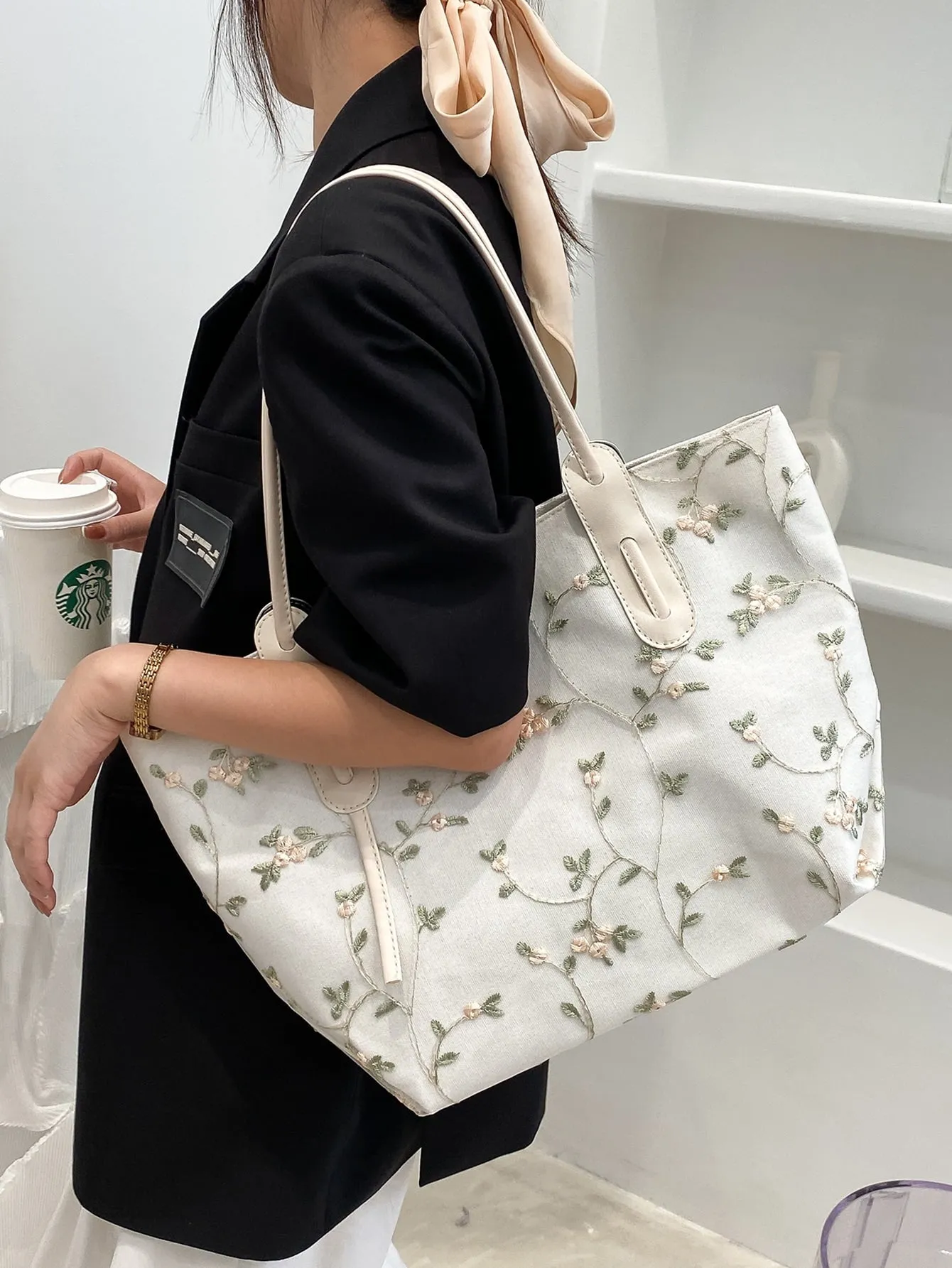 Floral Embroidery Shoulder Tote Bag
