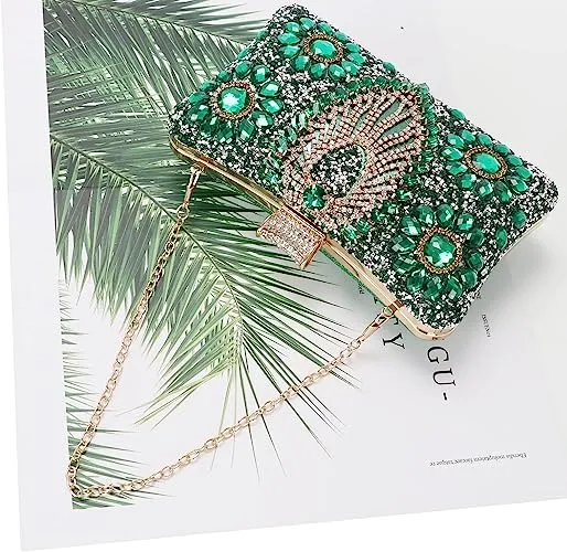 Green Jewelry Stones Clutch Handbag
