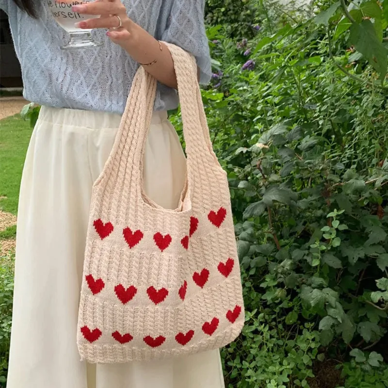 Large Capacity Knitted Love Pattern Shoulder Tote Bag for Women