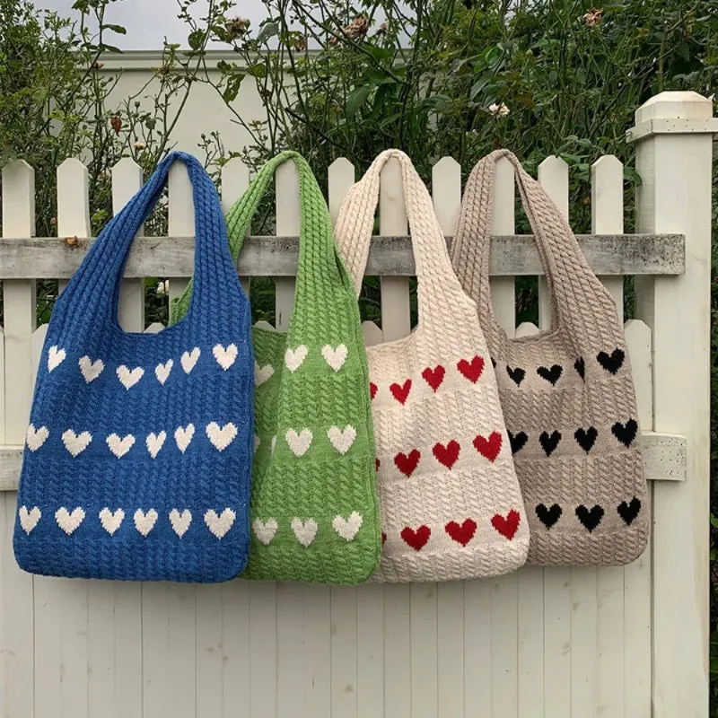 Large Capacity Knitted Love Pattern Shoulder Tote Bag for Women