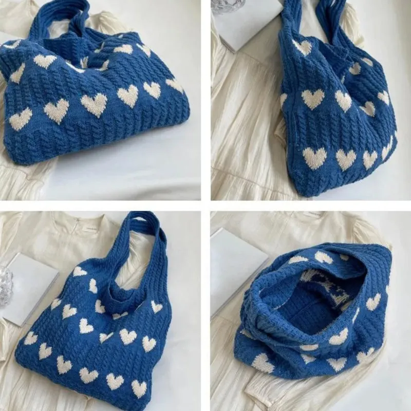 Large Capacity Knitted Love Pattern Shoulder Tote Bag for Women