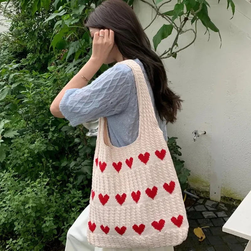 Large Capacity Knitted Love Pattern Shoulder Tote Bag for Women