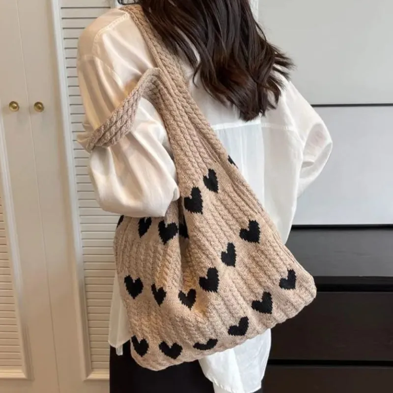 Large Capacity Knitted Love Pattern Shoulder Tote Bag for Women