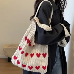 Large Capacity Knitted Love Pattern Shoulder Tote Bag for Women