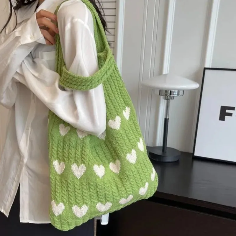 Large Capacity Knitted Love Pattern Shoulder Tote Bag for Women