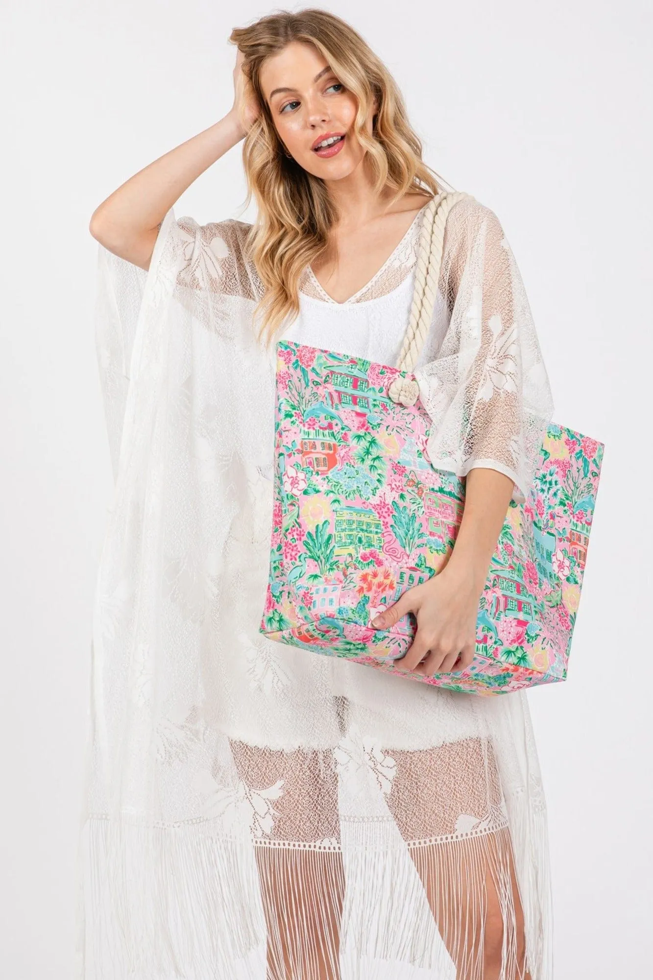 MB0257 Hand Draw Undersea City Print Beach Tote