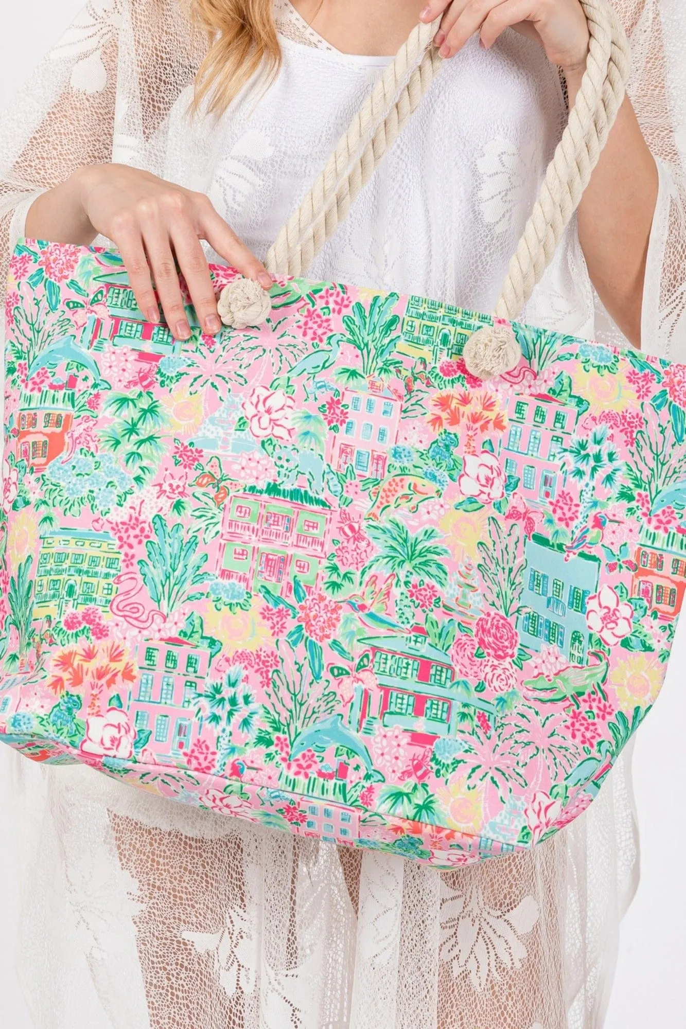 MB0257 Hand Draw Undersea City Print Beach Tote