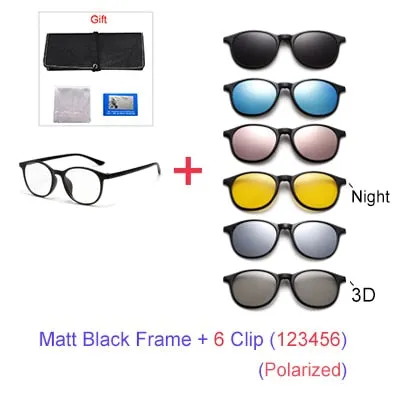 Ralferty 6 In 1 Magnet Sunglasses Women Polarized Eyeglass Frame With Clip On Glasses Men Round Uv400 Tr90 3D Yellow A2245
