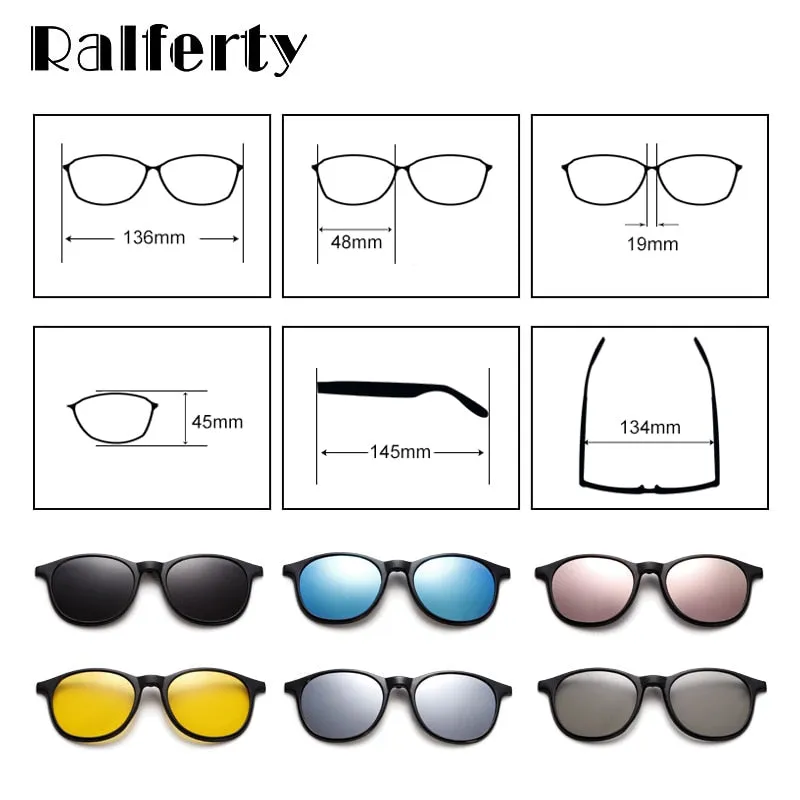 Ralferty 6 In 1 Magnet Sunglasses Women Polarized Eyeglass Frame With Clip On Glasses Men Round Uv400 Tr90 3D Yellow A2245