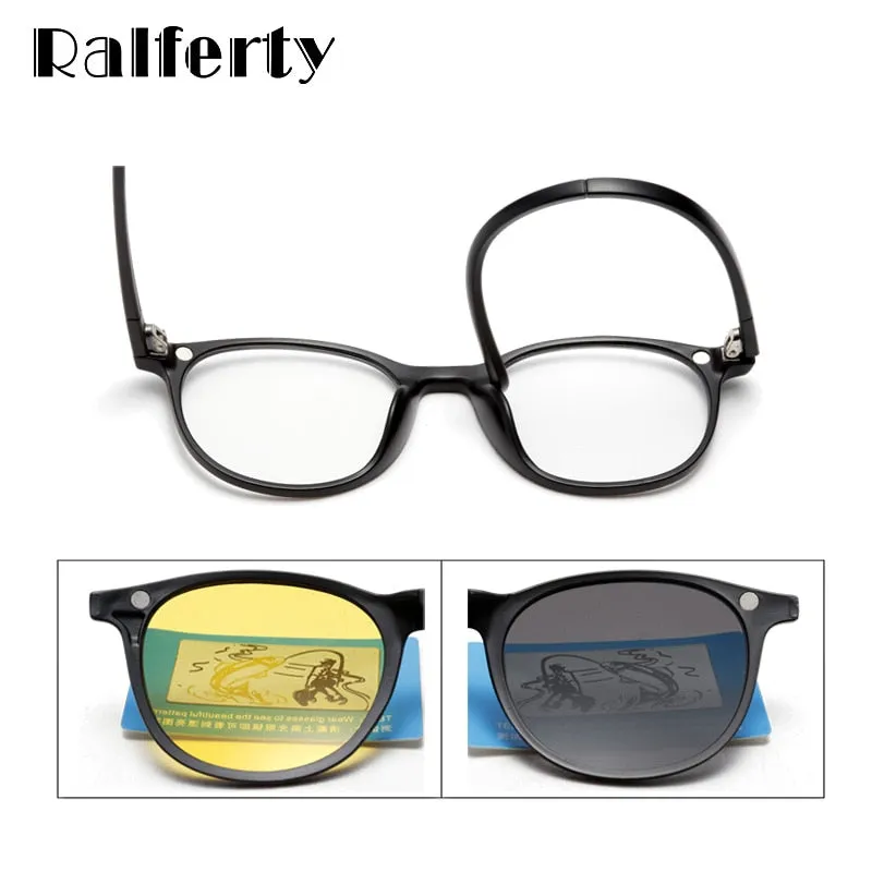 Ralferty 6 In 1 Magnet Sunglasses Women Polarized Eyeglass Frame With Clip On Glasses Men Round Uv400 Tr90 3D Yellow A2245