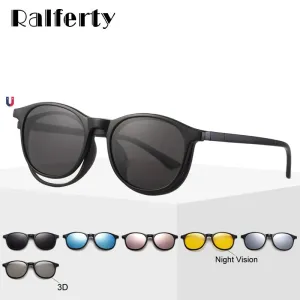 Ralferty 6 In 1 Magnet Sunglasses Women Polarized Eyeglass Frame With Clip On Glasses Men Round Uv400 Tr90 3D Yellow A2245