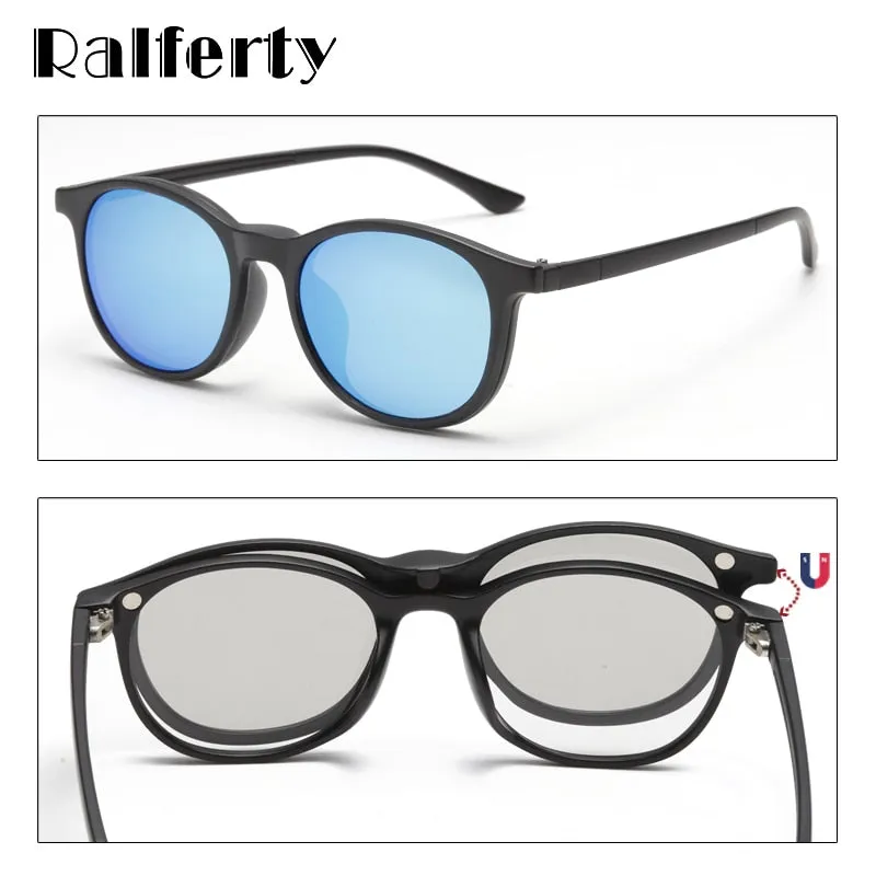 Ralferty 6 In 1 Magnet Sunglasses Women Polarized Eyeglass Frame With Clip On Glasses Men Round Uv400 Tr90 3D Yellow A2245